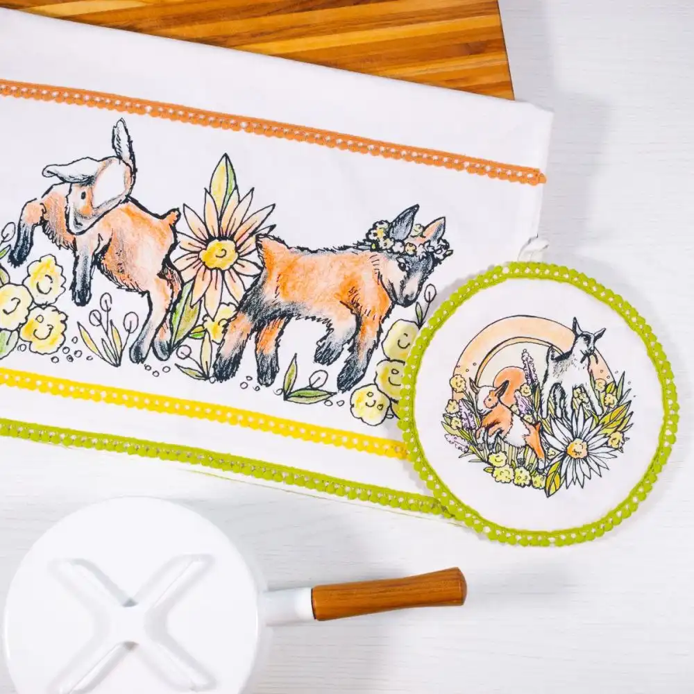 Alternative view of Everything Kitchens Barnyard Baby Animals 19" x 28" Tea Towel | "Caprine Caper Goats" - Kid