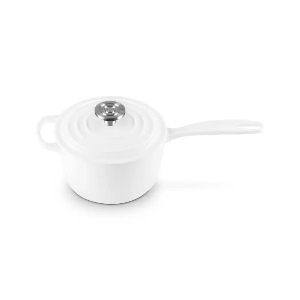 Le Creuset 1.75 Qt. Signature Enameled Cast Iron Saucepan with Crucible Stainless Steel Knob | White