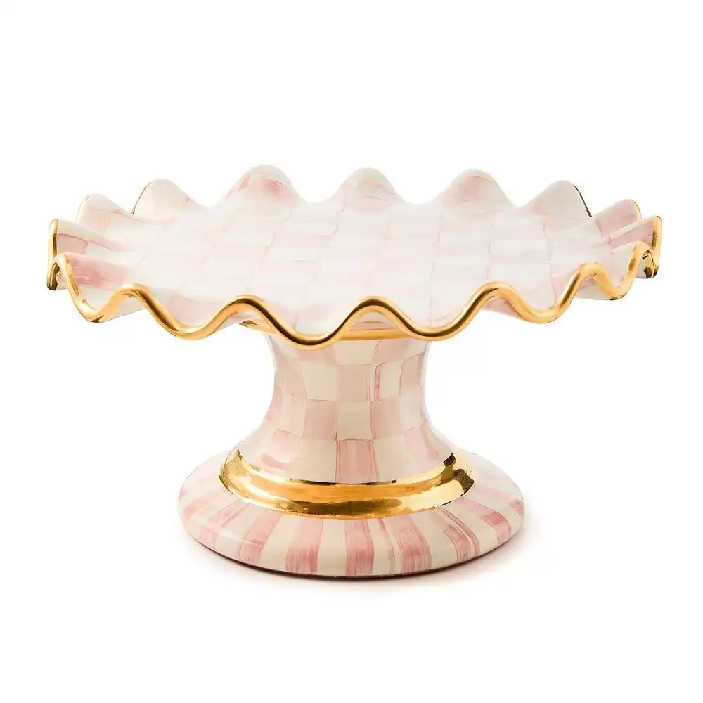 MacKenzie-Childs Rosy Check Ceramic Fluted Cake Stand