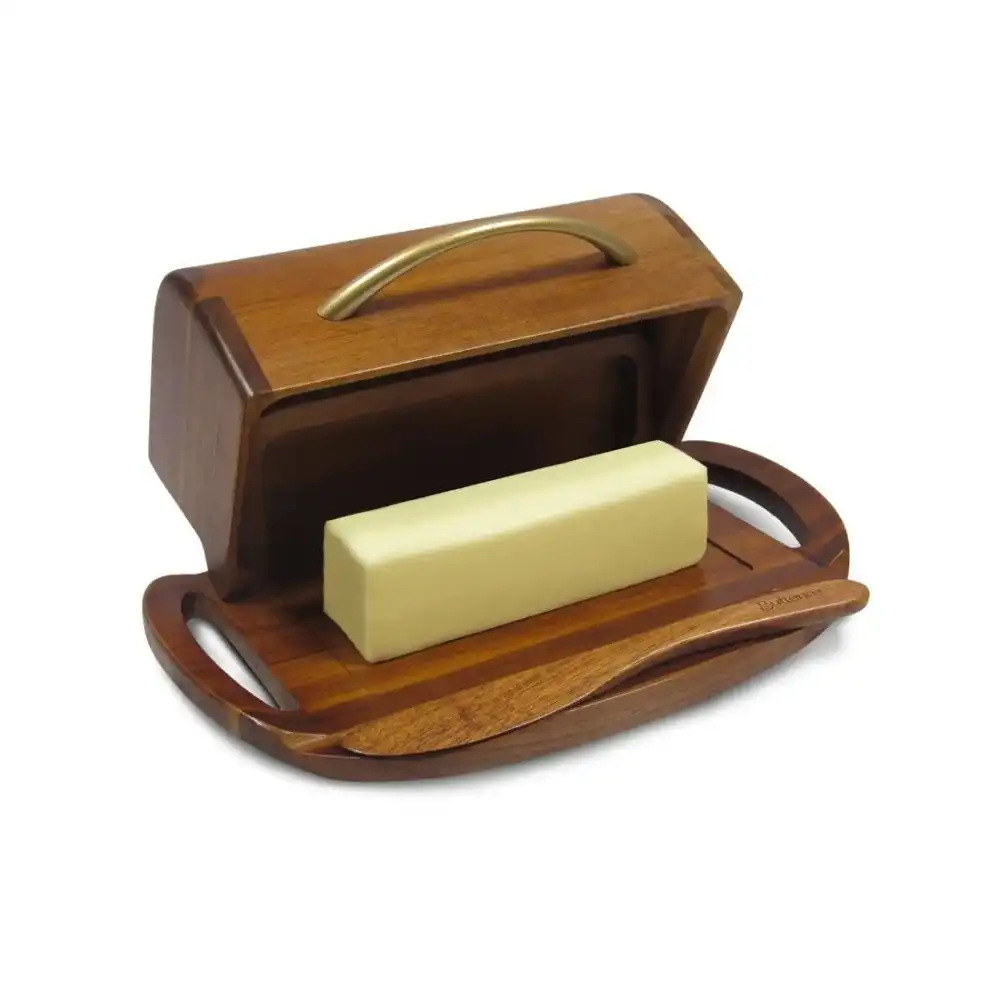 Butterie Acacia Wood Flip-Top Butter Dish | Satin Brass