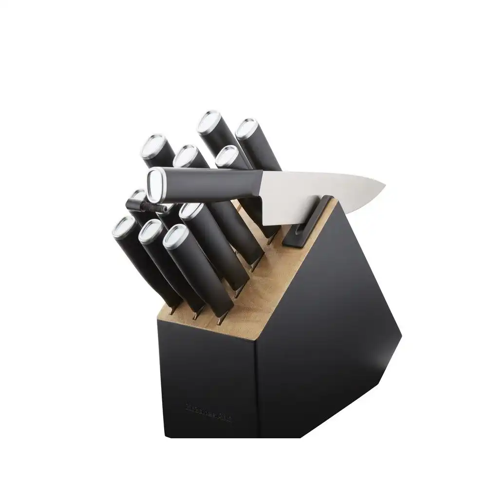 KitchenAid Classic 14-Piece Self-Sharpening Slim Knife Block Set | Black Handles with Two-Tone Black & Natural Block