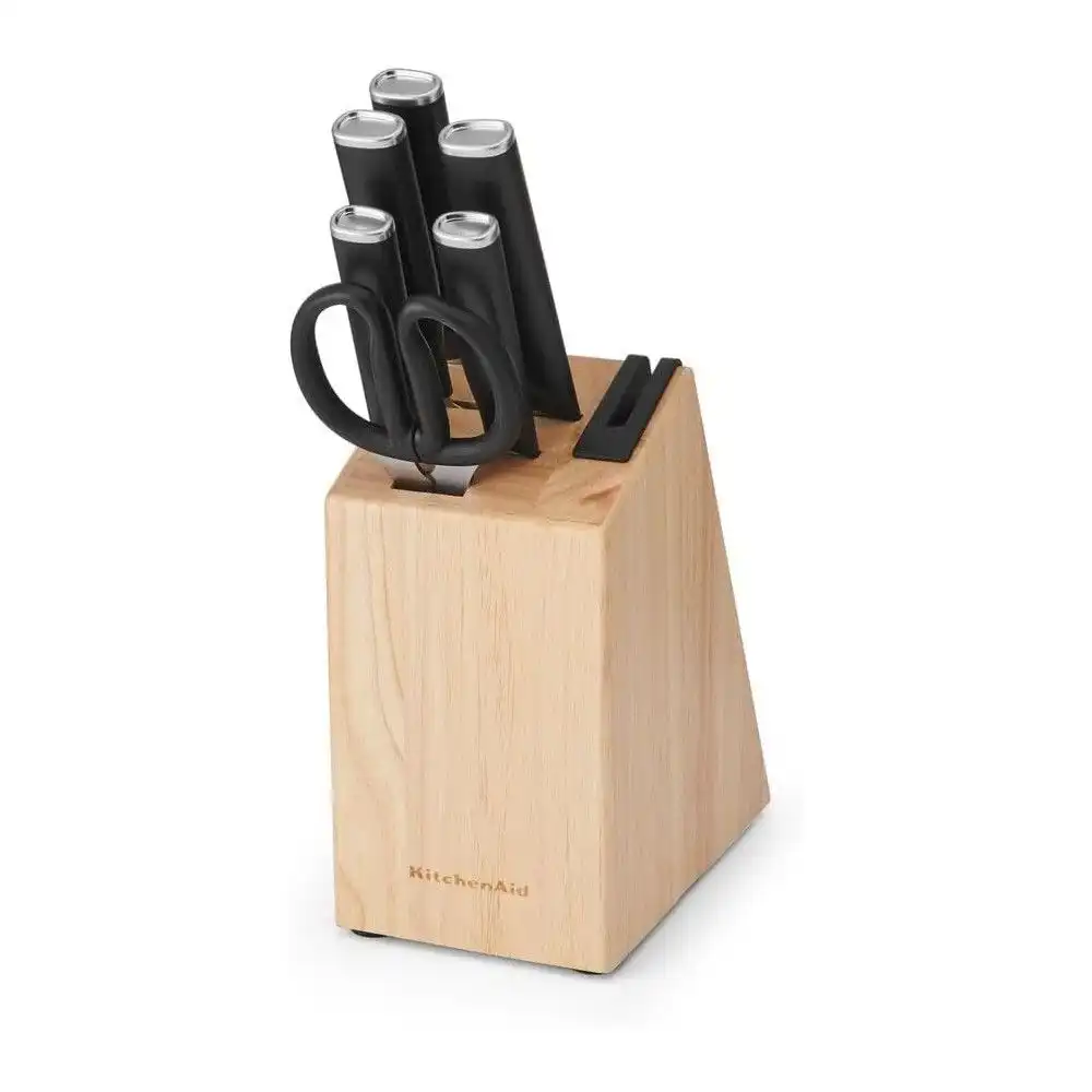 KitchenAid Classic 7-Piece Self-Sharpening Knife Block Set | Black Handles with Natural Block