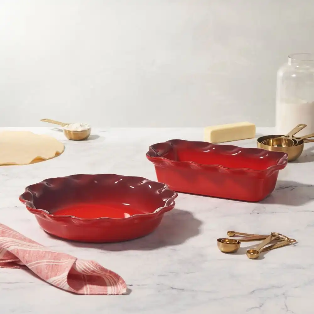 Alternative view of Le Creuset Heritage 2-Piece Fluted Pie Dish & Fluted Loaf Pan Set | Cerise