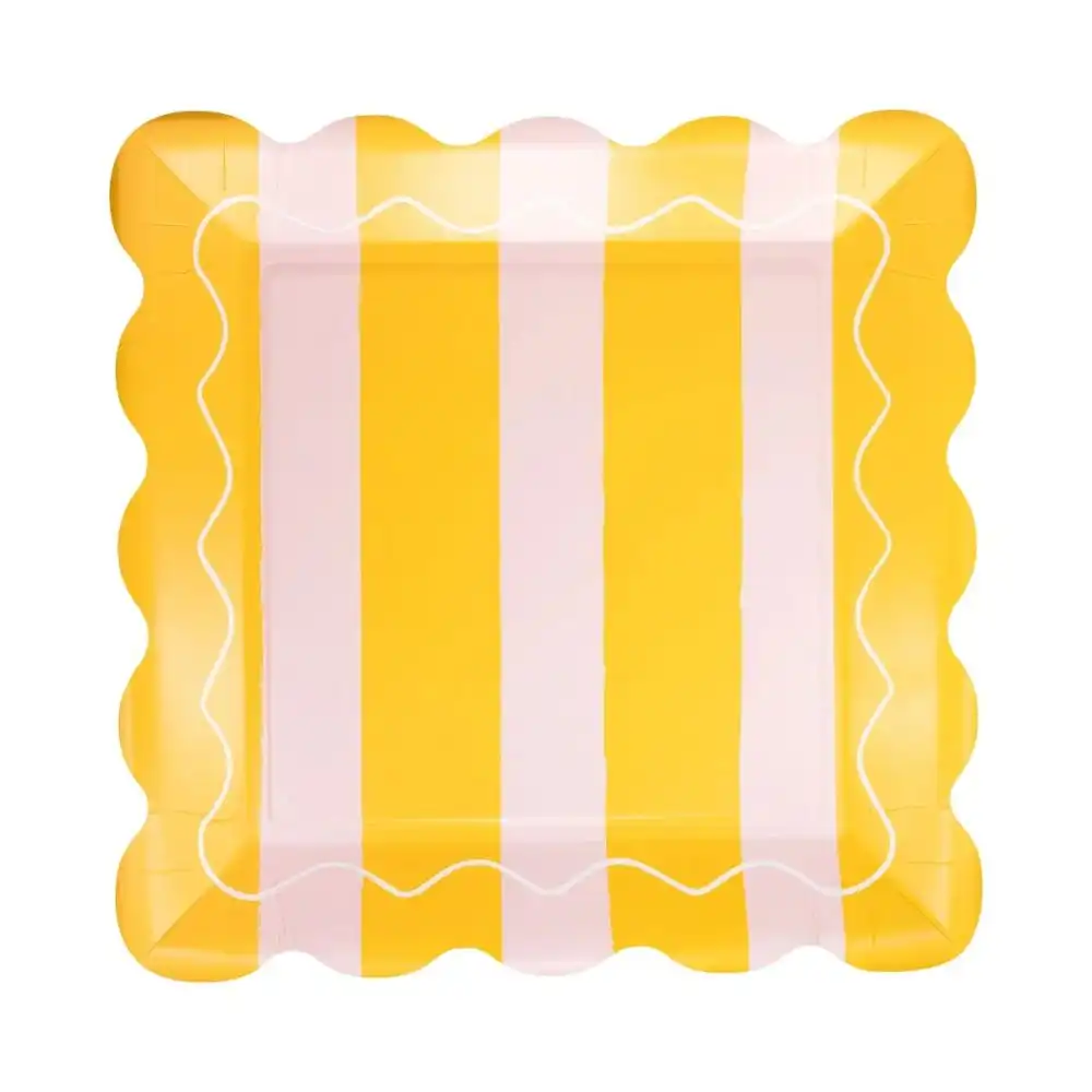 My Mind's Eye 8-Piece 10" Scalloped Square Paper Plates | Yellow & Pink Striped