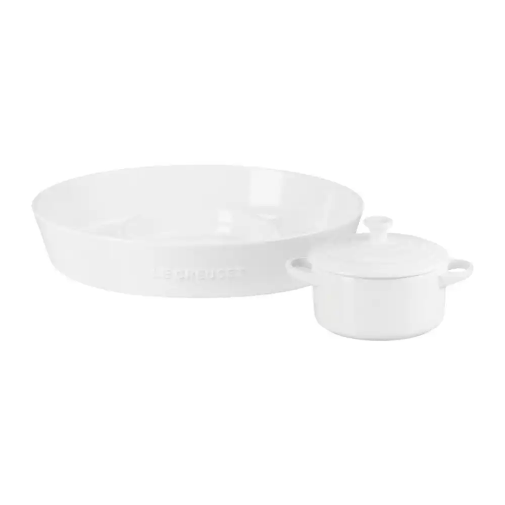 Le Creuset Oval Chip and Dip & 24oz Round Mini Cocotte Set | White