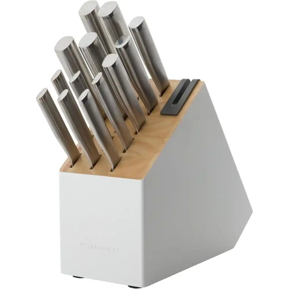 KitchenAid Gourmet 14-Piece Self-Sharpening Knife Block Set | Stainless Steel Handles with Two-Tone White & Natural Block