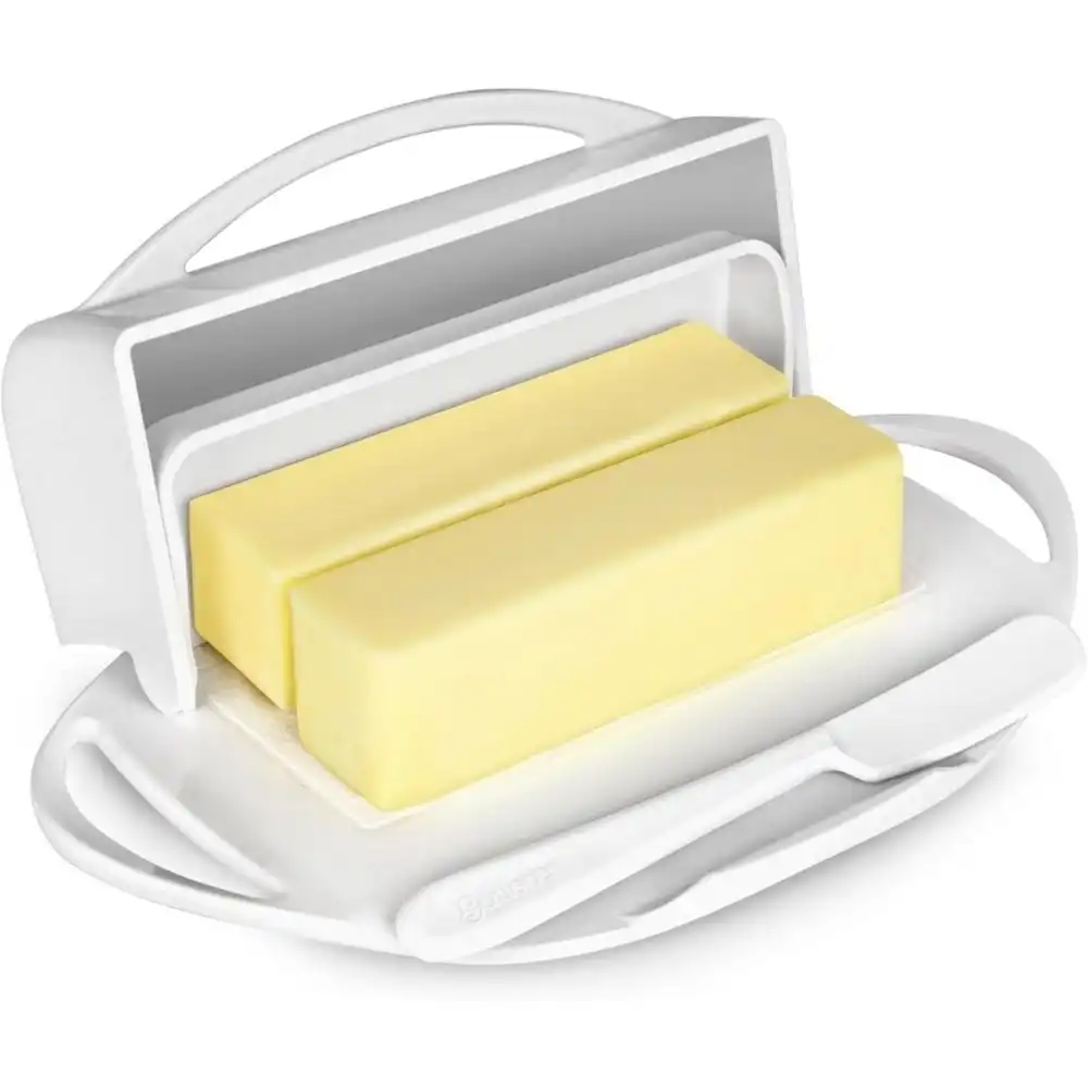 Butterie Butter Dish with Attached Flip-Top Lid | White