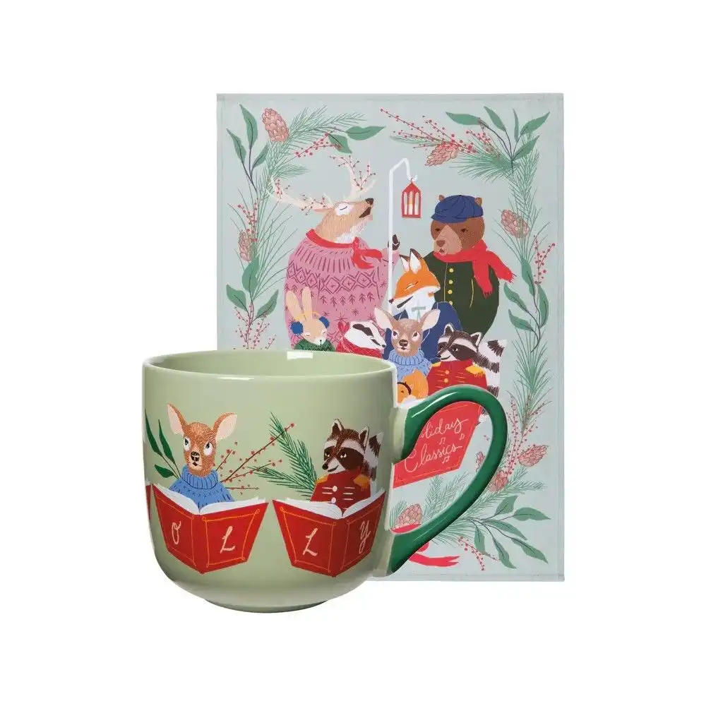 Danica Jubilee Woodland Carolers Mug and Dishtowel Set