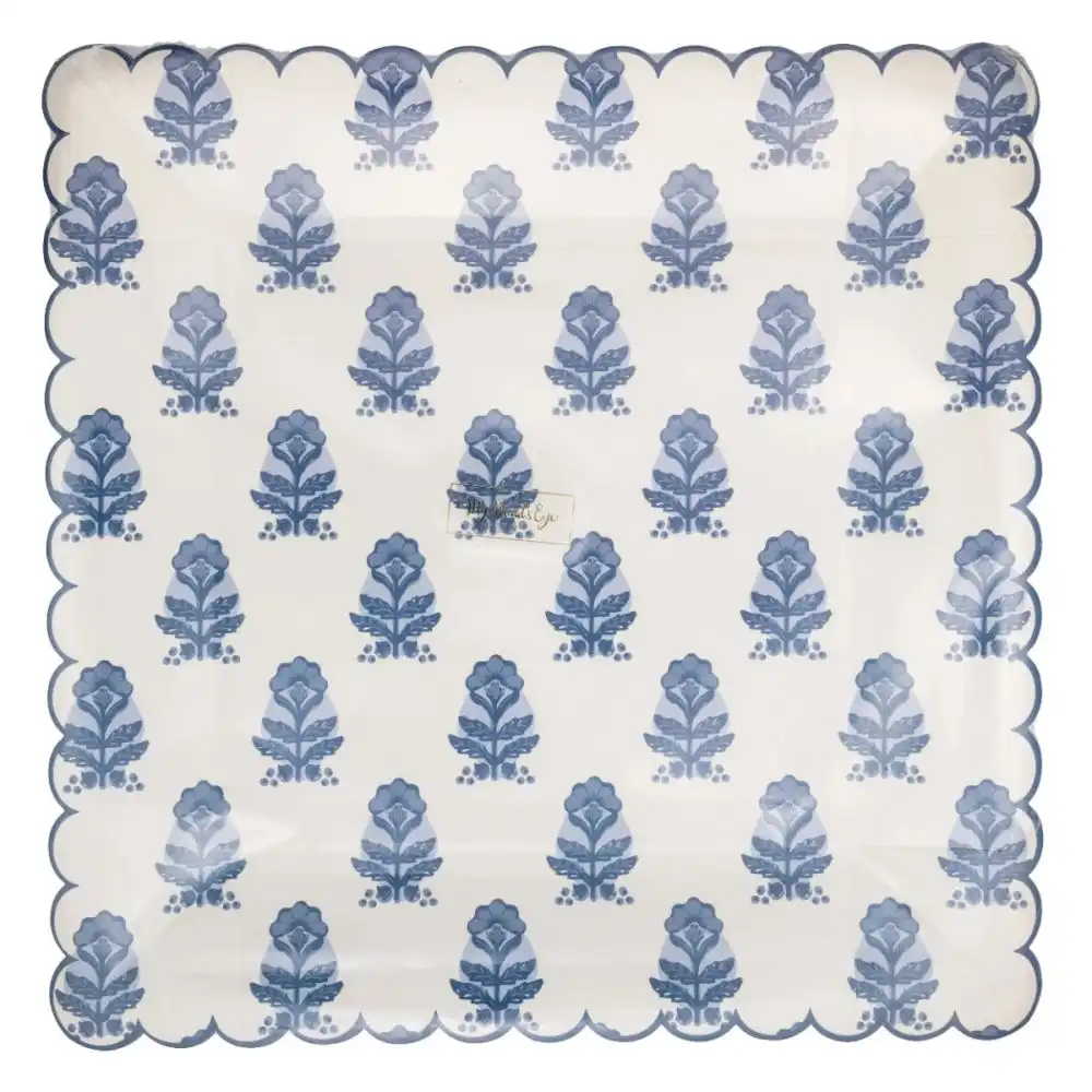 Alternative view of My Mind's Eye 10" Square Paper Plates | Blue Flower Block Print