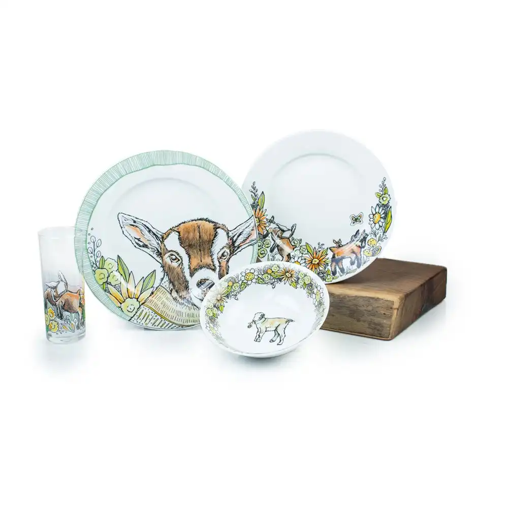 Everything Kitchens Barnyard Baby Animals 16-Piece Dinnerware Set with Glasses | "Caprine Caper Goats" - Kid