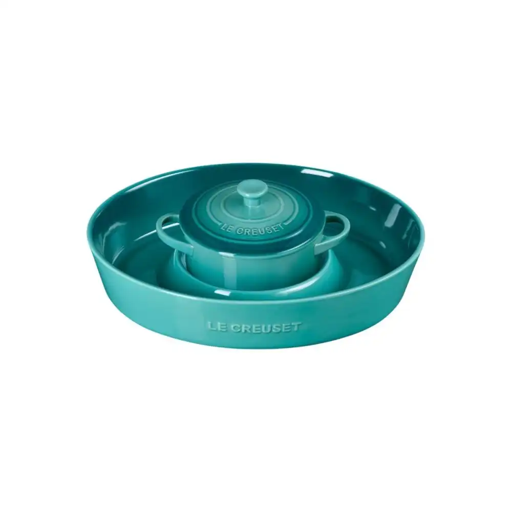 Alternative view of Le Creuset Oval Chip and Dip & 24oz Round Mini Cocotte Set | Blue Riviera