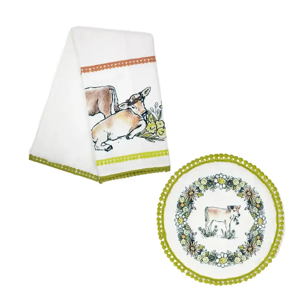 Alternative view of Everything Kitchens Barnyard Baby Animals Tea Towel + Pot Holder Set | "Have a Jersey Cow" - Calf