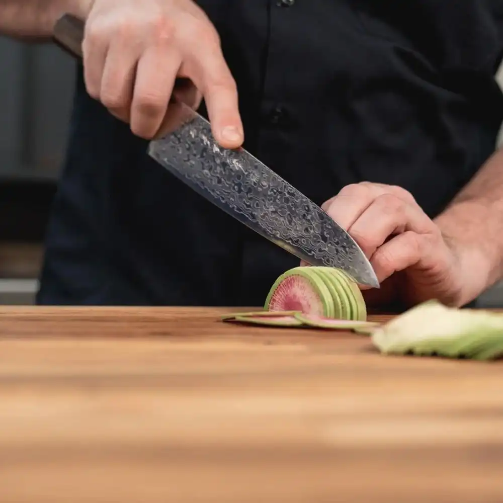 Alternative view of Kikuichi Nickel Warikomi Damascus 7" Santoku Knife