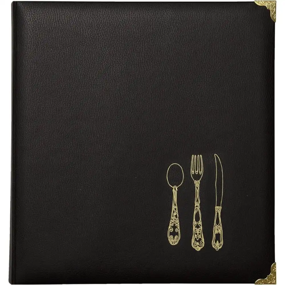 C.R. Gibson Faux Leather Recipe Book with Tabbed Dividers and Sheet Protectors | Black and Gold