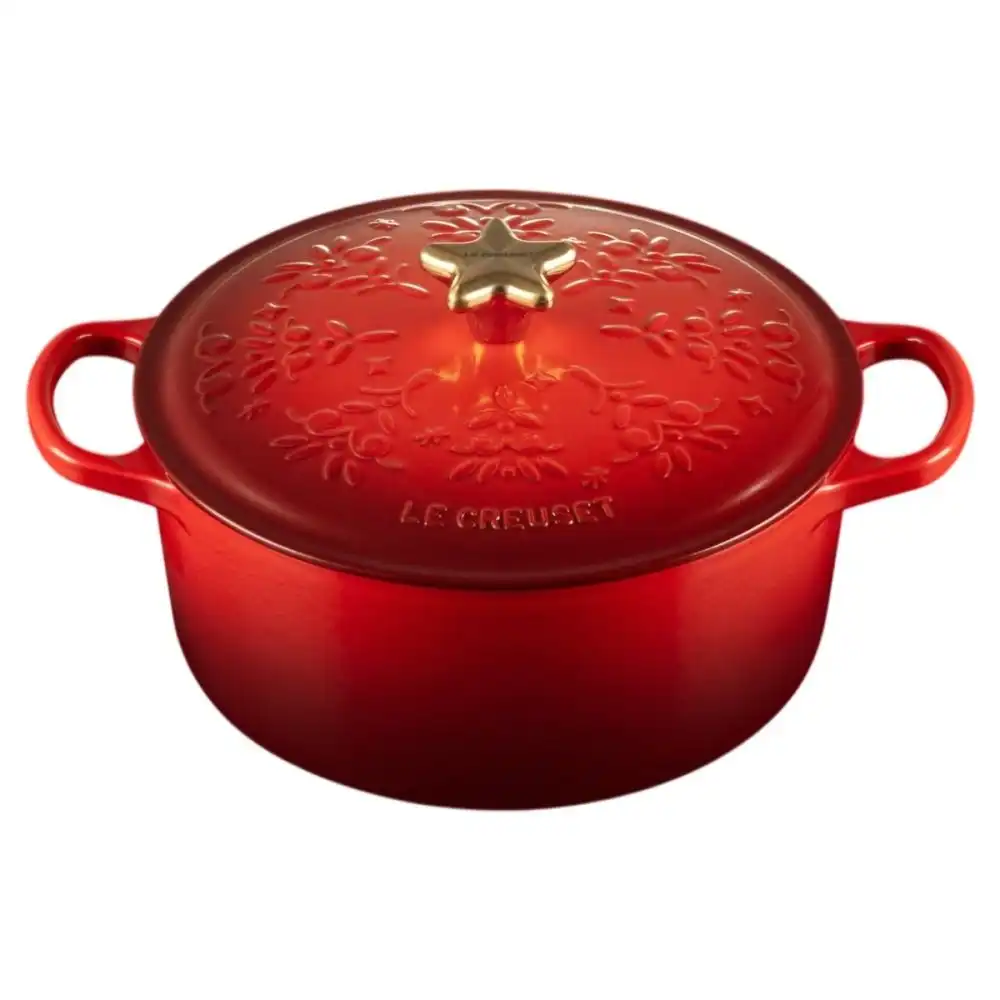 Le Creuset Signature Holiday Tree 4.5 Qt. Round Dutch Oven with Gold Star Knob | Cerise