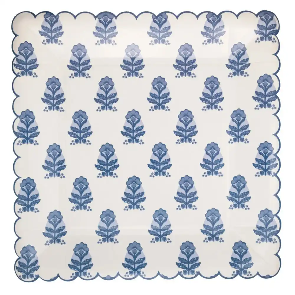 My Mind's Eye 10" Square Paper Plates | Blue Flower Block Print