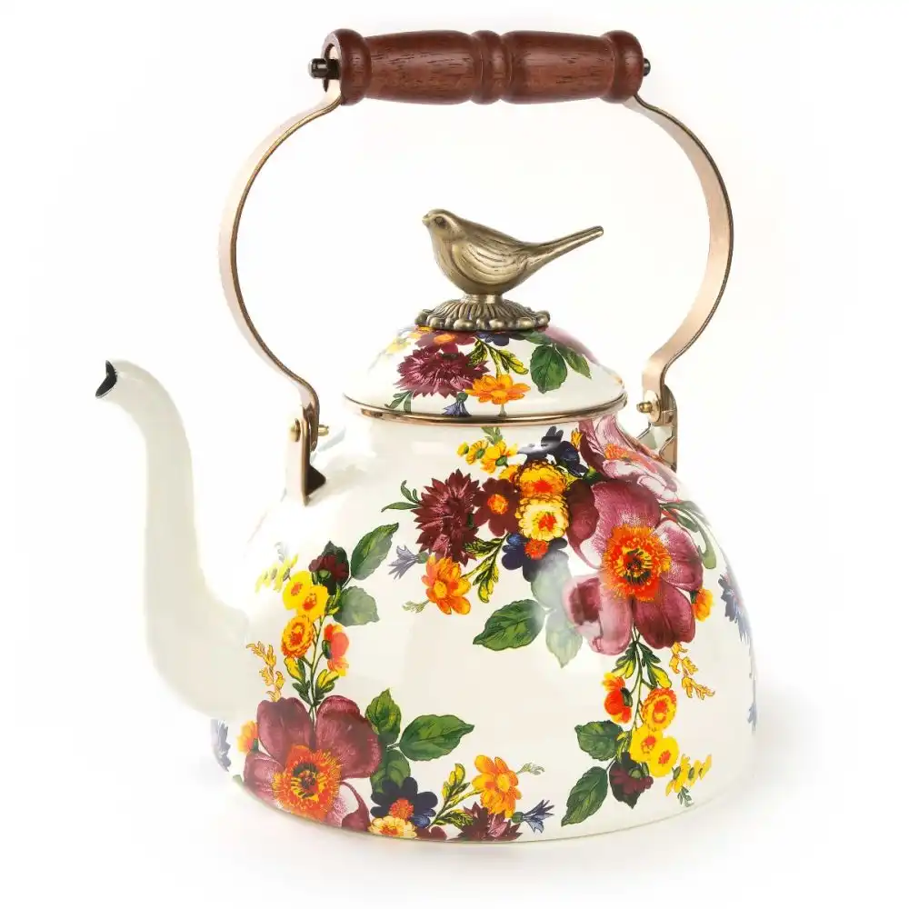 MacKenzie-Childs White Flower Market 3 Qt. Tea Kettle with Bird