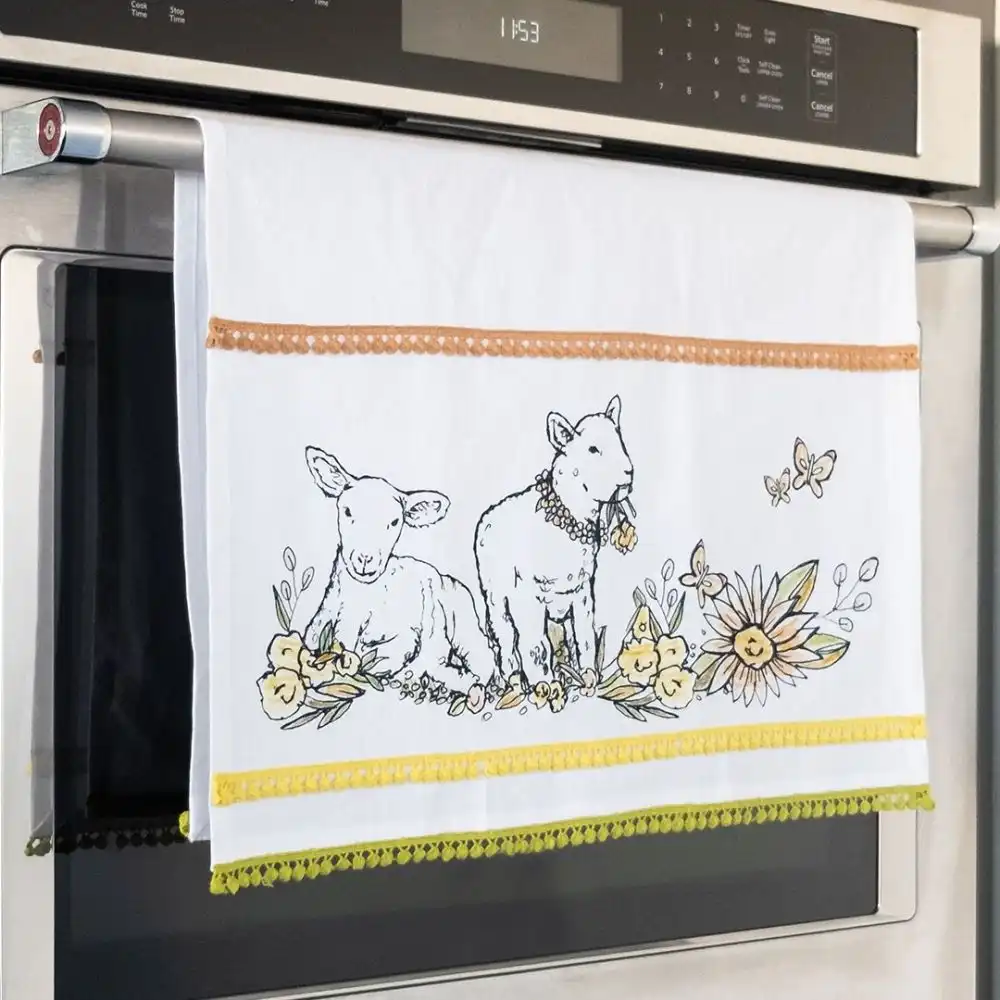 Alternative view of Everything Kitchens Barnyard Baby Animals 19" x 28" Tea Towel | "Leaping Sheep" - Lamb