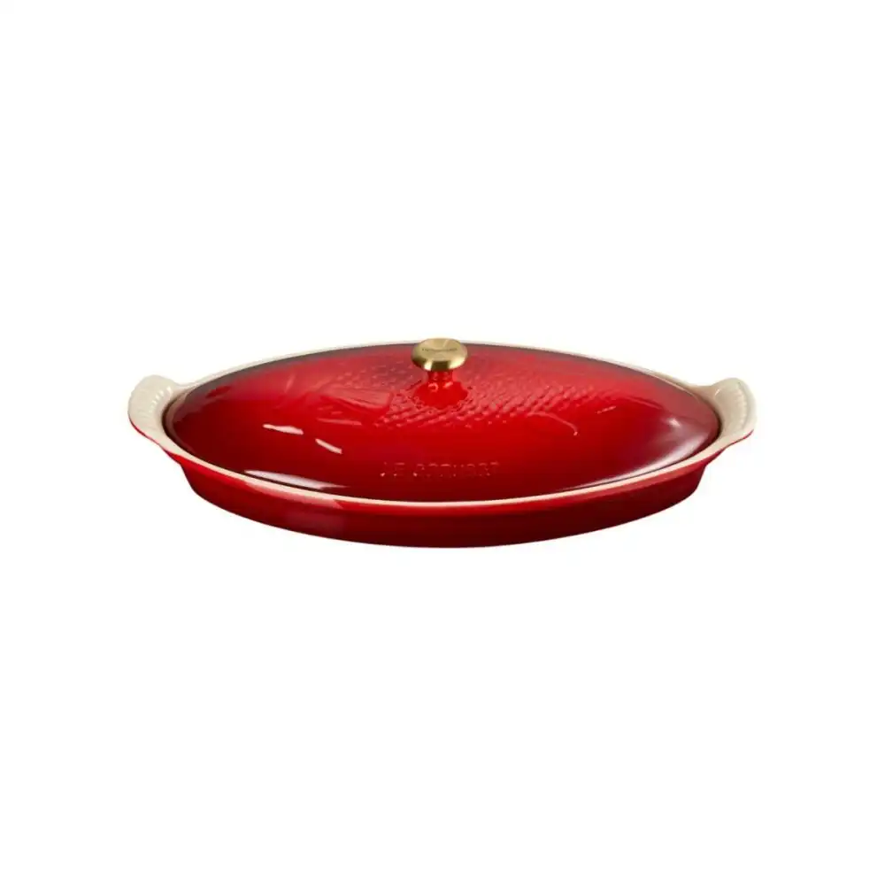 Le Creuset Heritage 1.7 Qt. Fish Baker with Gold Knob | Cerise