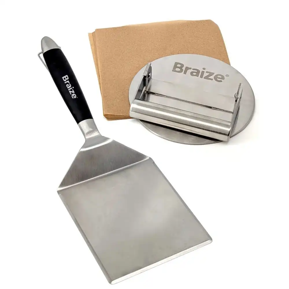 Braize Smash Burger Press Kit with Non-stick Paper Sheets