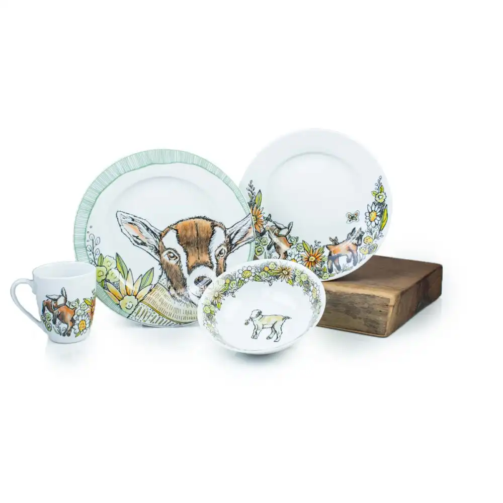 Everything Kitchens Barnyard Baby Animals 16-Piece Dinnerware Set with Mugs | "Caprine Caper Goats" - Kid