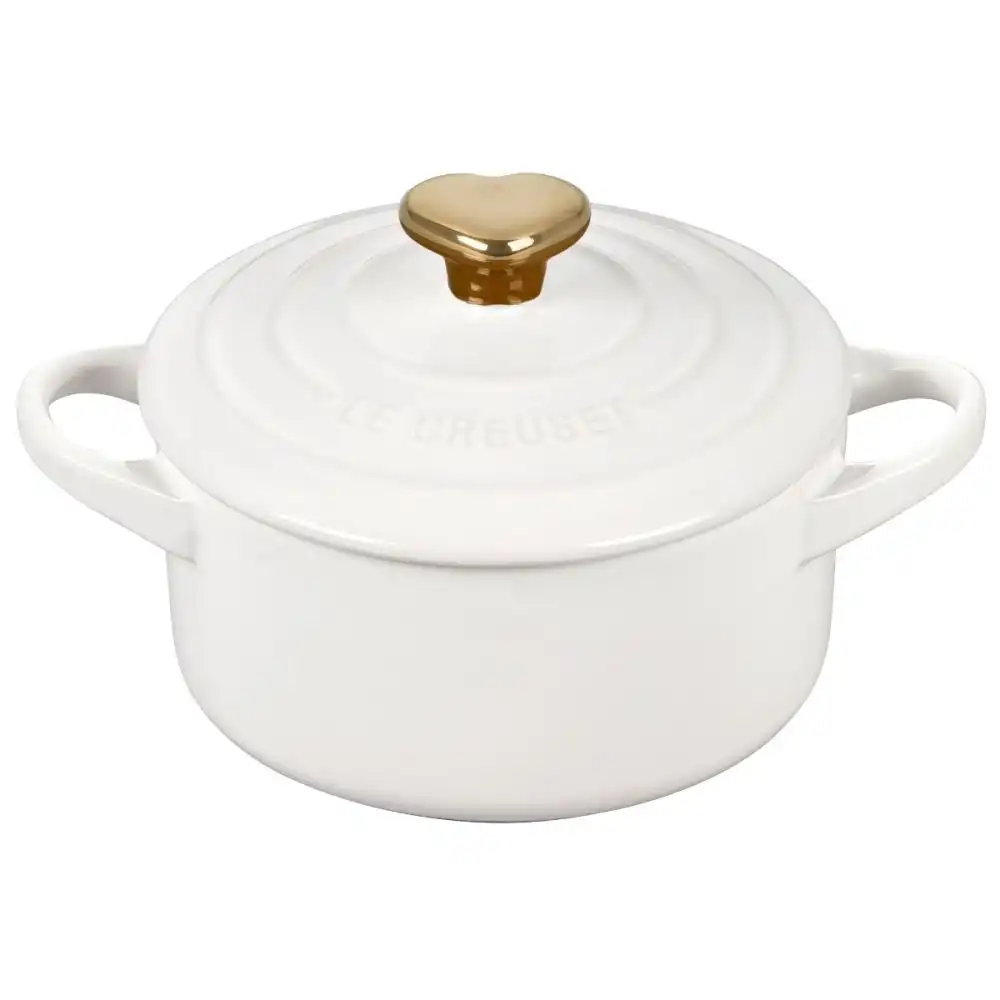 Le Creuset 8oz Mini Round Cocotte with Gold Heart Knob | White