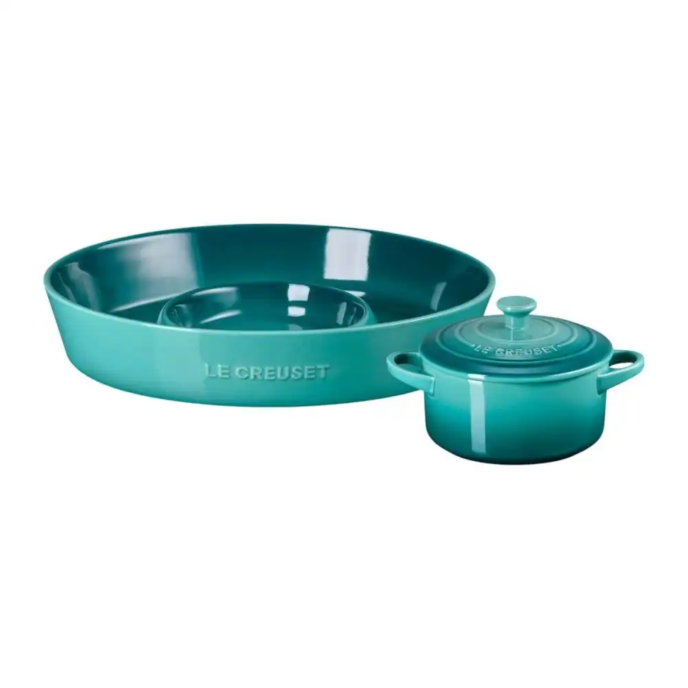 Le Creuset Oval Chip and Dip & 24oz Round Mini Cocotte Set | Blue Riviera