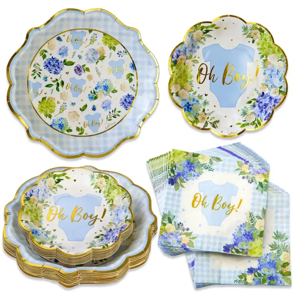 Kate Aspen Baby Shower Onesie 62-Piece Tableware Set | Blue Floral