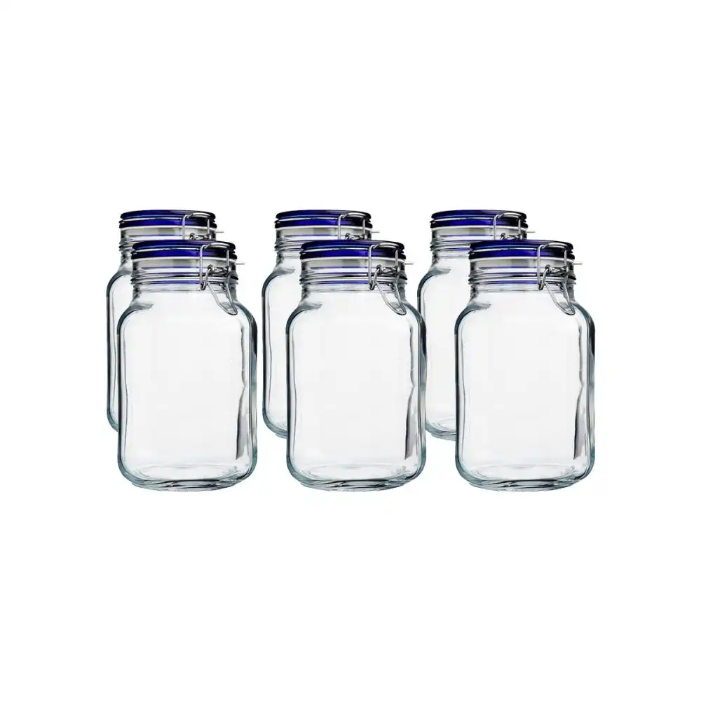 Bormioli Rocco Fido Swing Top Canning Jars with Blue Lid (Set of 6) | 67.75oz (2L)