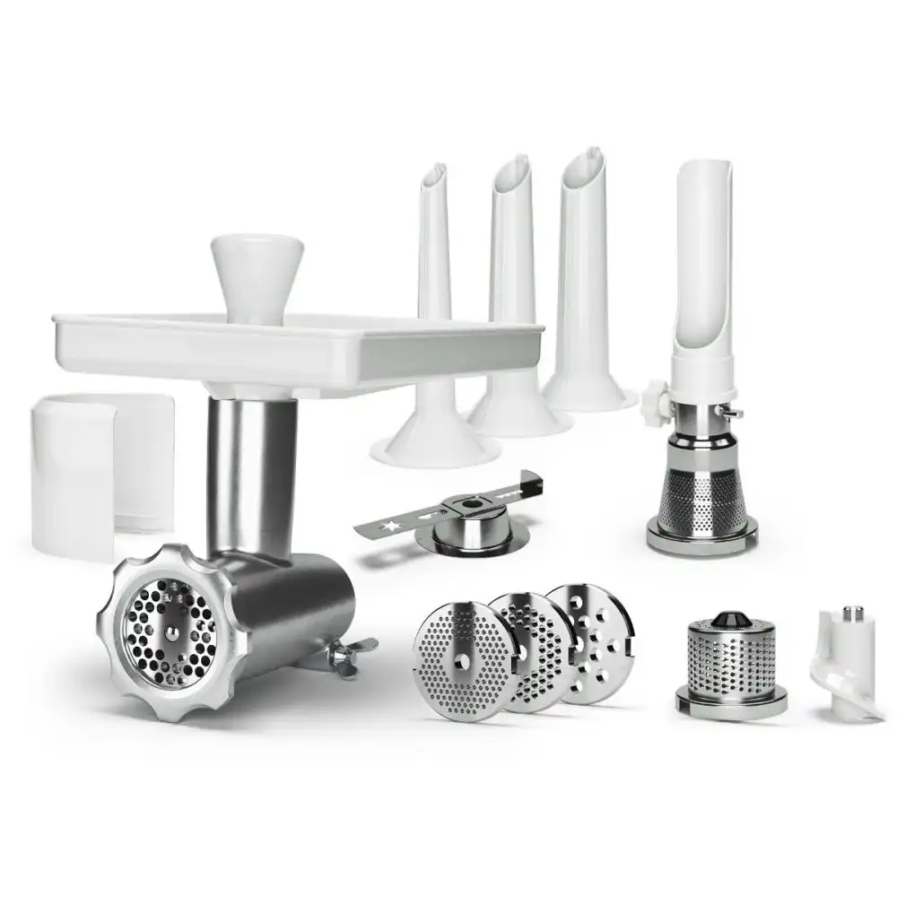 Ankarsrum Meat Grinder Complete Package | Basic Package + Strainer, Nut Grater, Cookie Extruder & 3 Meat Grinder Discs